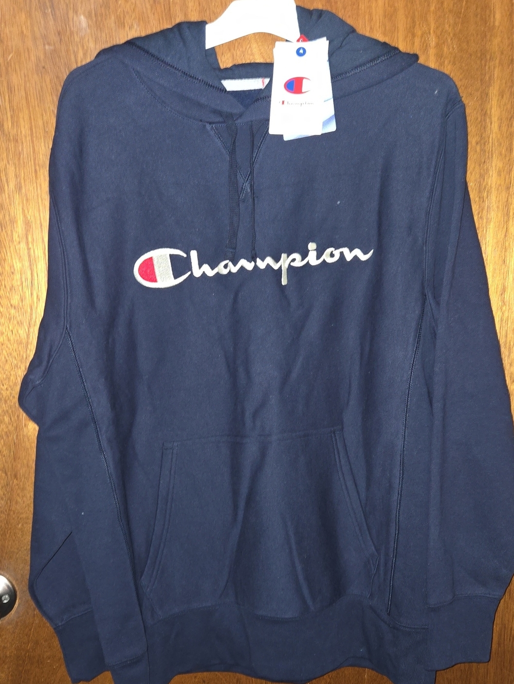 Champion Navy Blue Pullover Hoodie with Script Logo
